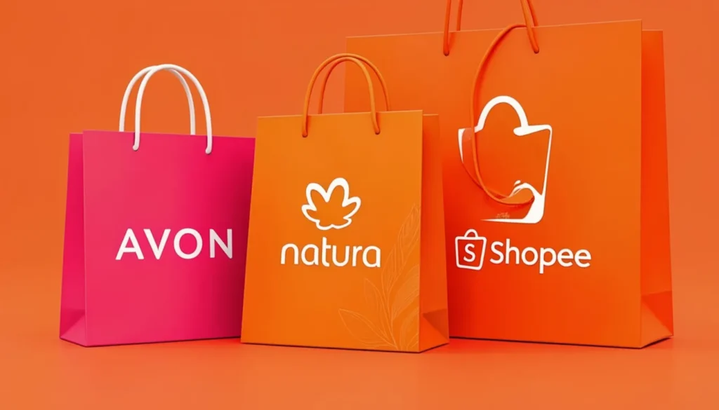 Sacolas de compra com as marcas Avon, Natura e Shopee lado a lado, simbolizando grandes marcas no marketplace