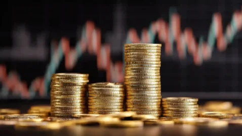 Pilhas de moedas douradas em alturas variadas com gráfico de candlestick ao fundo em tons de vermelho e verde