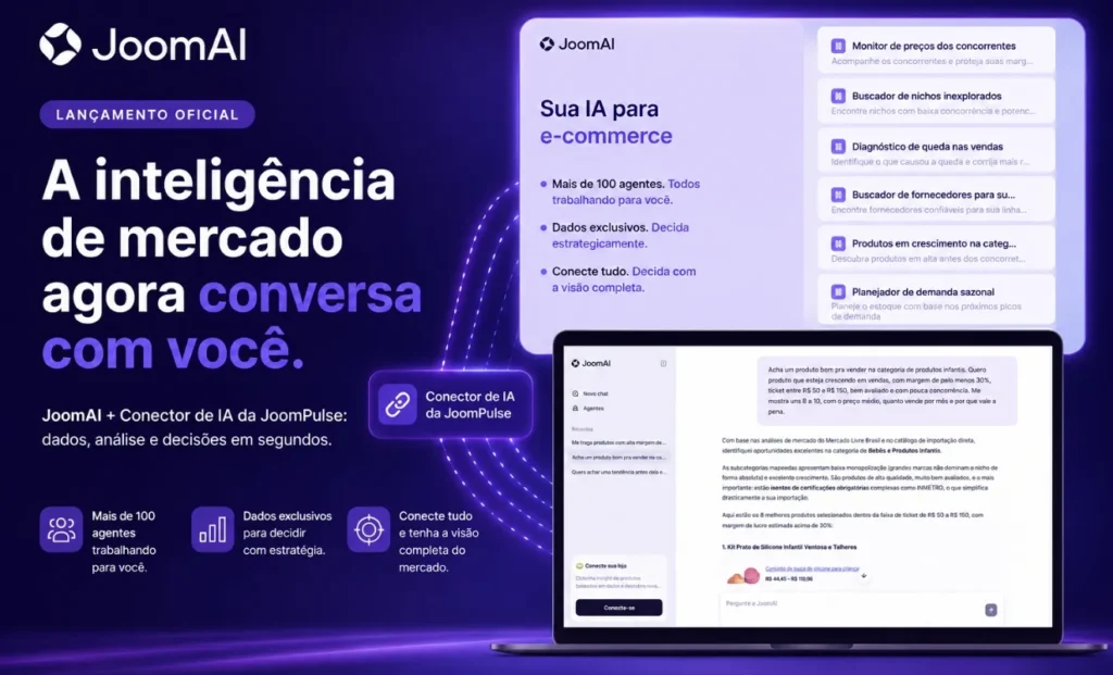Tela de apresentação da plataforma JoomAI mostrando uma interface de inteligência artificial para e-commerce, com painel de agentes especializados, recursos de análise de mercado e exemplo de conversa em linguagem natural