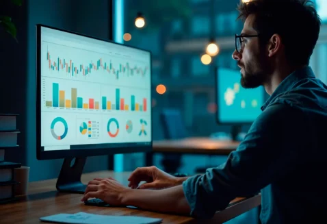 Homem analisando gráficos e dashboards de vendas em monitor, ilustrando a expansão de JoomPulse e Shopee