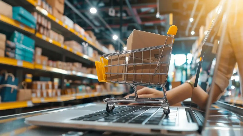 Carrinho de compras em miniatura sobre notebook em ambiente de centro de distribuição, representando a Logística Mercado Livre 2026