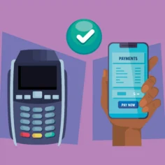 Ilustração de maquininha de cartão e mão segurando smartphone com tela de pagamento e ícone de confirmação, fundo lilás