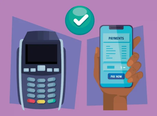 Ilustração de maquininha de cartão e mão segurando smartphone com tela de pagamento e ícone de confirmação, fundo lilás
