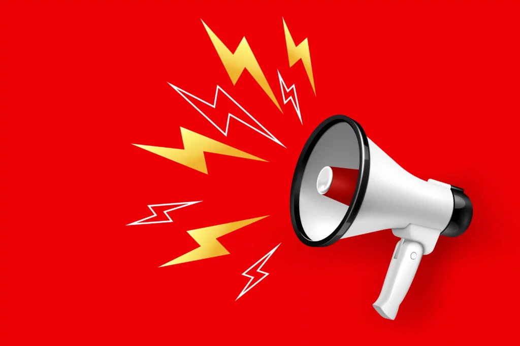 Ícone de megafone em fundo vermelho representando os alertas de produtos configurados no monitor de Produtos JoomPulse