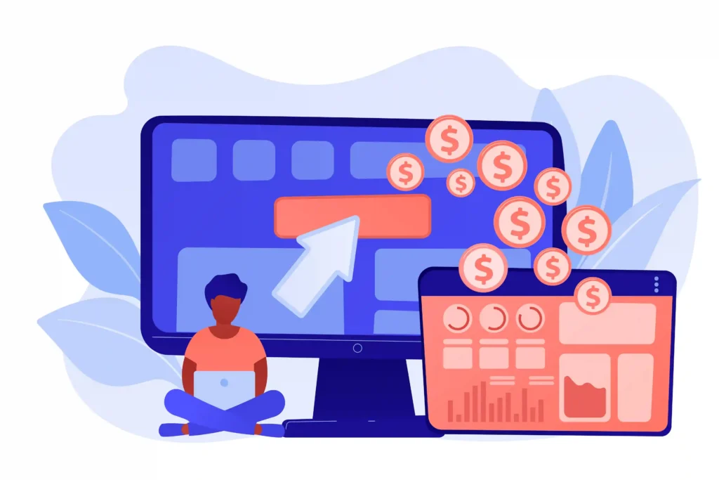 Ilustração de dashboard com métricas de performance no marketplace, gráficos e indicadores de vendas.