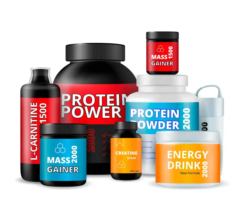 Potes de whey protein, mass gainer, creatina, L-carnitina e energético representando o segmento de suplementos dentro de esportes e fitness no Mercado Livre