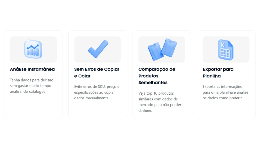 Interface do Scanner de Catálogos JoomPulse com quatro cards exibindo funcionalidades: análise instantânea, sem erros de copiar e colar, comparação de produtos semelhantes e exportar para planilha