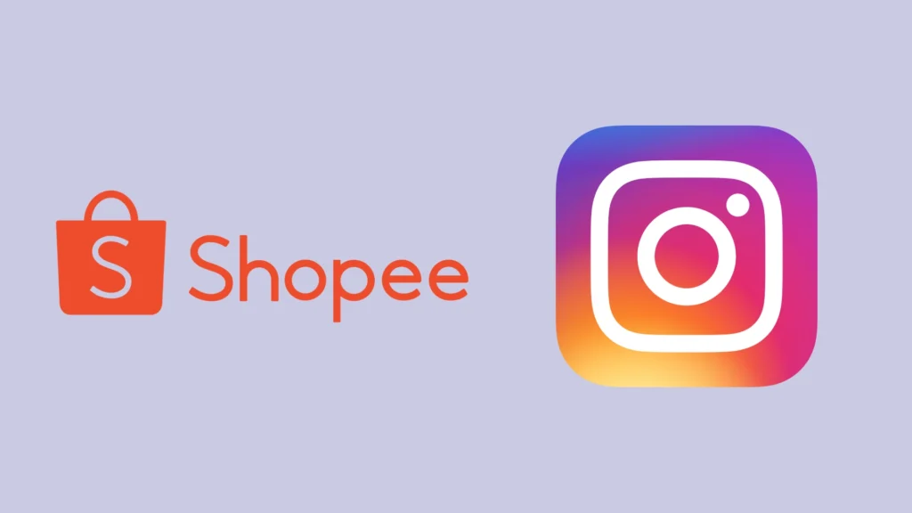 Logos de Shopee e Instagram lado a lado sobre fundo lilás
