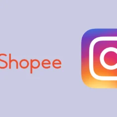Logos de Shopee e Instagram lado a lado sobre fundo lilás