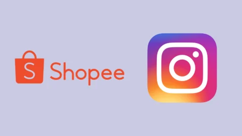Logos de Shopee e Instagram lado a lado sobre fundo lilás