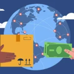 Ilustração de comércio internacional com globo, rotas e troca de caixa por dinheiro, representando a tarifa EUA Brasil 2026