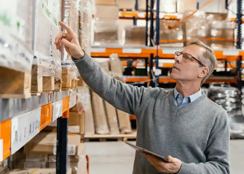 Homem conferindo estoque em centro de distribuição com tablet, representando o impacto do tarifaço no Mercado Livre para quem depende de insumos importados