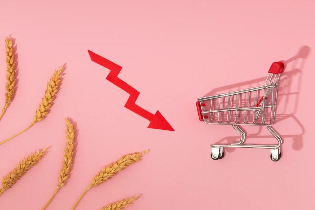 Seta vermelha em queda ao lado de carrinho de compras vazio e espigas de trigo, ilustrando o varejo em queda 2026