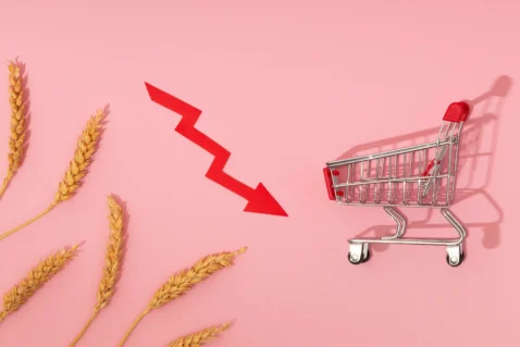 Seta vermelha em queda ao lado de carrinho de compras vazio e espigas de trigo, ilustrando o varejo em queda 2026
