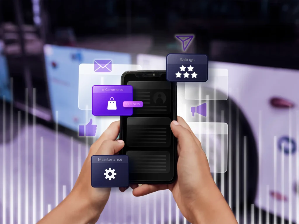Pessoa usando smartphone com interface de IA ecommerce exibindo recursos de atendimento, compras e avaliações