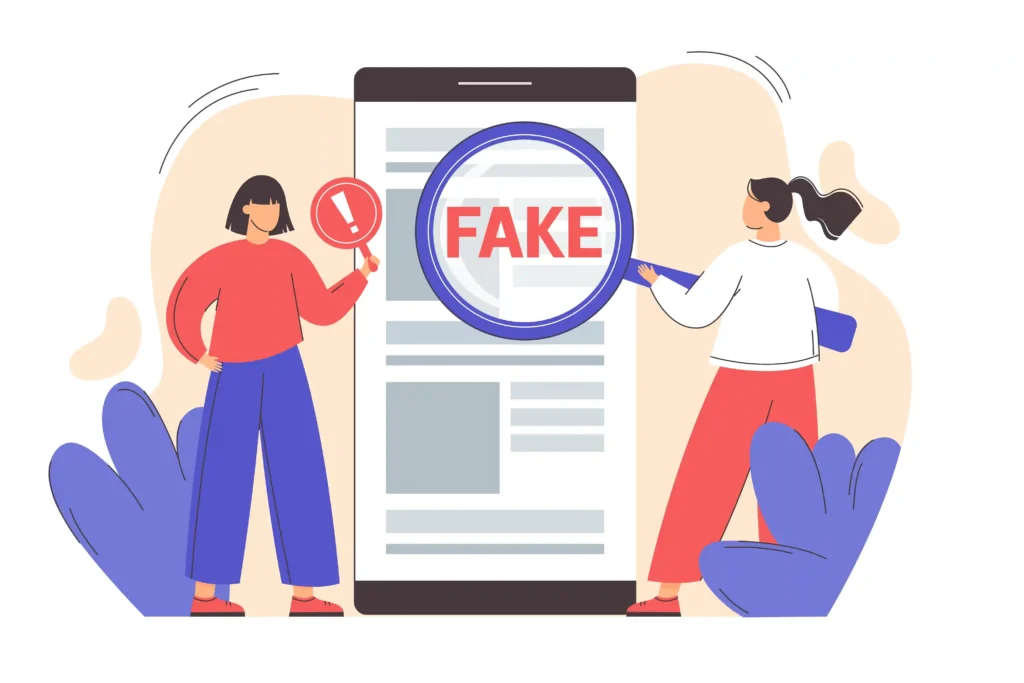 Ilustração de duas mulheres ao lado de um celular, com uma lupa sobre a tela destacando a palavra “FAKE”