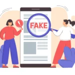 Ilustração de duas mulheres ao lado de um celular, com uma lupa sobre a tela destacando a palavra “FAKE”