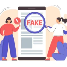Ilustração de duas mulheres ao lado de um celular, com uma lupa sobre a tela destacando a palavra “FAKE”