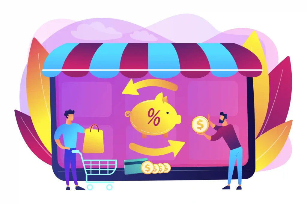 Ilustração de loja online com carrinho de compras, cofrinho, moedas e símbolo de porcentagem representando capital de giro para vender em marketplace