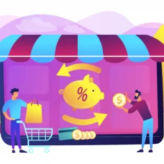 Ilustração de loja online com carrinho de compras, cofrinho, moedas e símbolo de porcentagem representando capital de giro para vender em marketplace