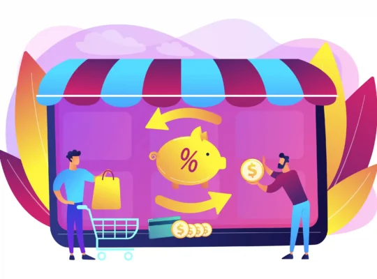 Ilustração de loja online com carrinho de compras, cofrinho, moedas e símbolo de porcentagem representando capital de giro para vender em marketplace