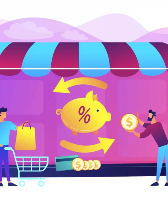 Ilustração de loja online com carrinho de compras, cofrinho, moedas e símbolo de porcentagem representando capital de giro para vender em marketplace