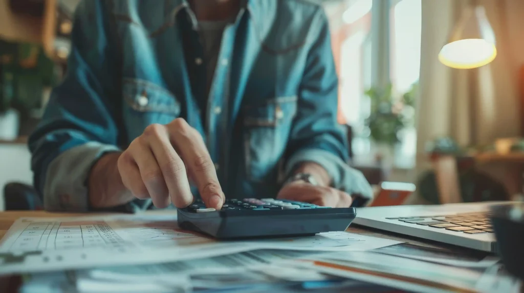 Pessoa usando calculadora ao lado de notebook e documentos financeiros para calcular capital de giro antes de começar a vender