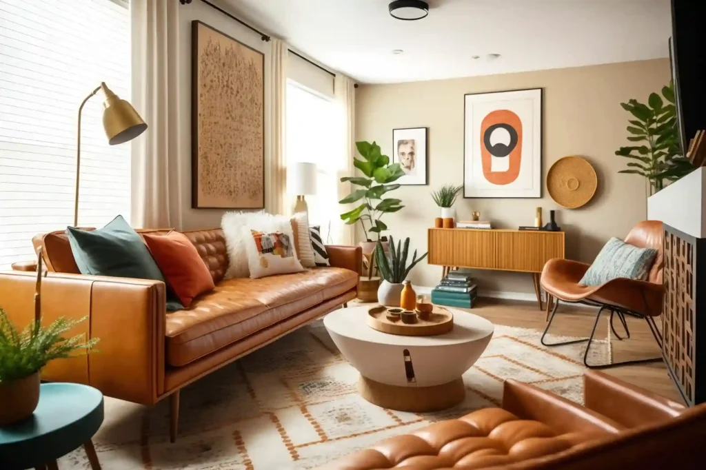 Sala de estar decorada com sofá e poltronas de couro marrom, mesa de centro, plantas, quadros e móveis de madeira