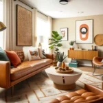 Sala de estar decorada com sofá e poltronas de couro marrom, mesa de centro, plantas, quadros e móveis de madeira
