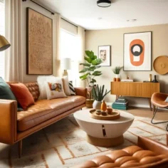 Sala de estar decorada com sofá e poltronas de couro marrom, mesa de centro, plantas, quadros e móveis de madeira