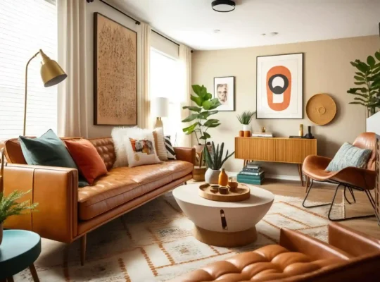 Sala de estar decorada com sofá e poltronas de couro marrom, mesa de centro, plantas, quadros e móveis de madeira