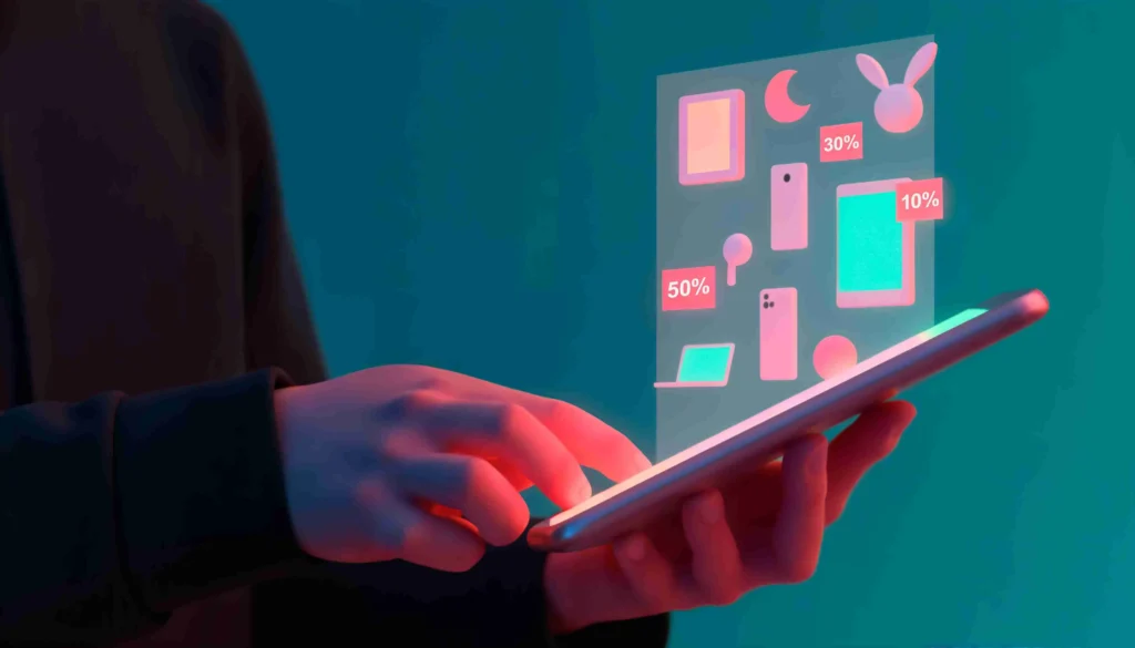 Pessoa utilizando tablet para editar informações de produtos em um catálogo marketplace com inteligência artificial