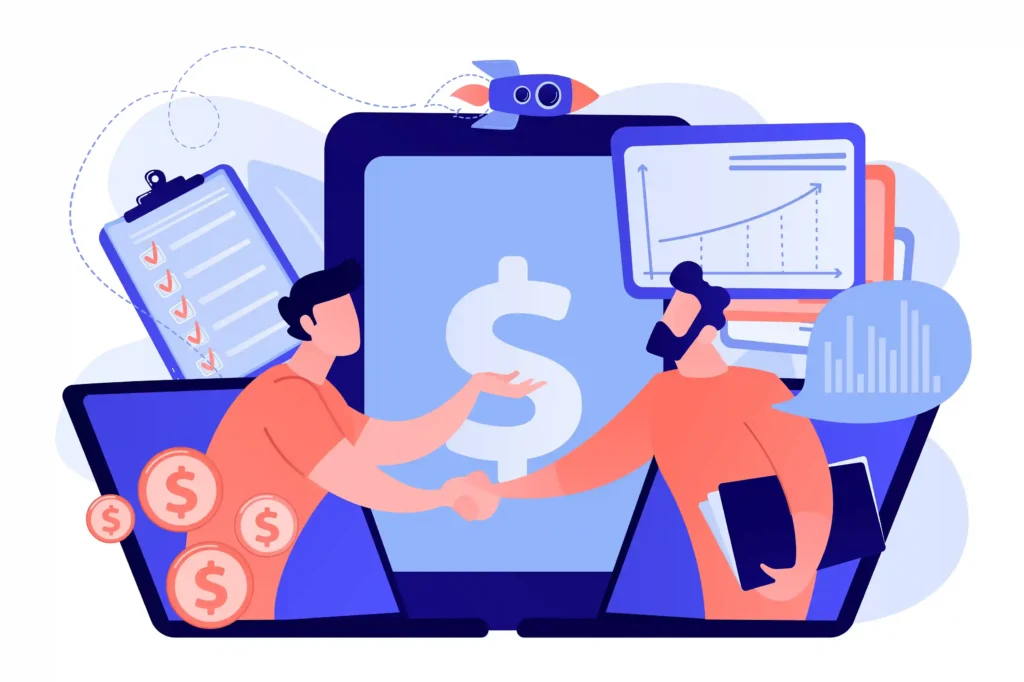 Ilustração de duas pessoas apertando as mãos diante de um cifrão, moedas e gráficos de crescimento