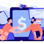 Ilustração de duas pessoas apertando as mãos diante de um cifrão, moedas e gráficos de crescimento
