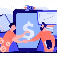 Ilustração de duas pessoas apertando as mãos diante de um cifrão, moedas e gráficos de crescimento