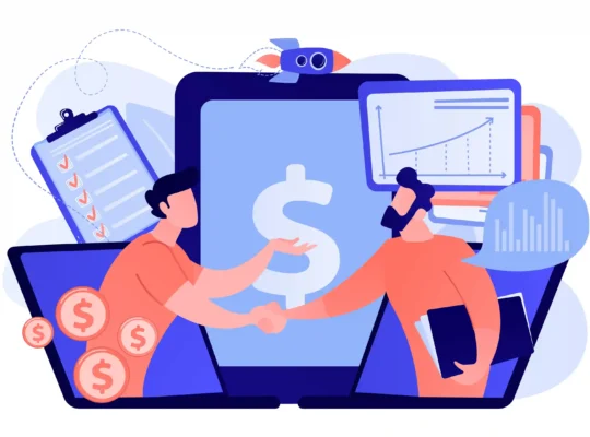 Ilustração de duas pessoas apertando as mãos diante de um cifrão, moedas e gráficos de crescimento