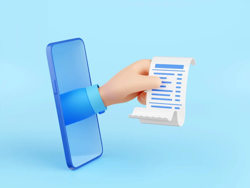 Ilustração de uma mão saindo da tela de um celular e segurando uma nota fiscal