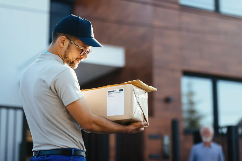Entregador segurando caixa de encomenda em frente a uma residência durante entrega de compras online