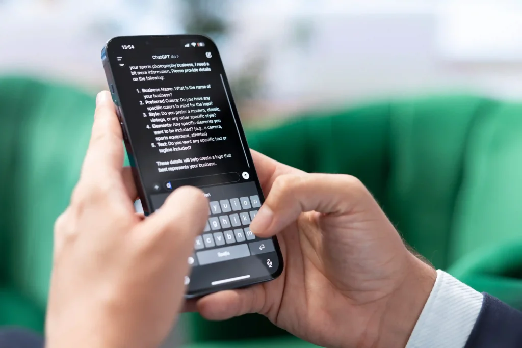 Pessoa usando o ChatGPT pelo celular para conversar com um assistente de inteligência artificial