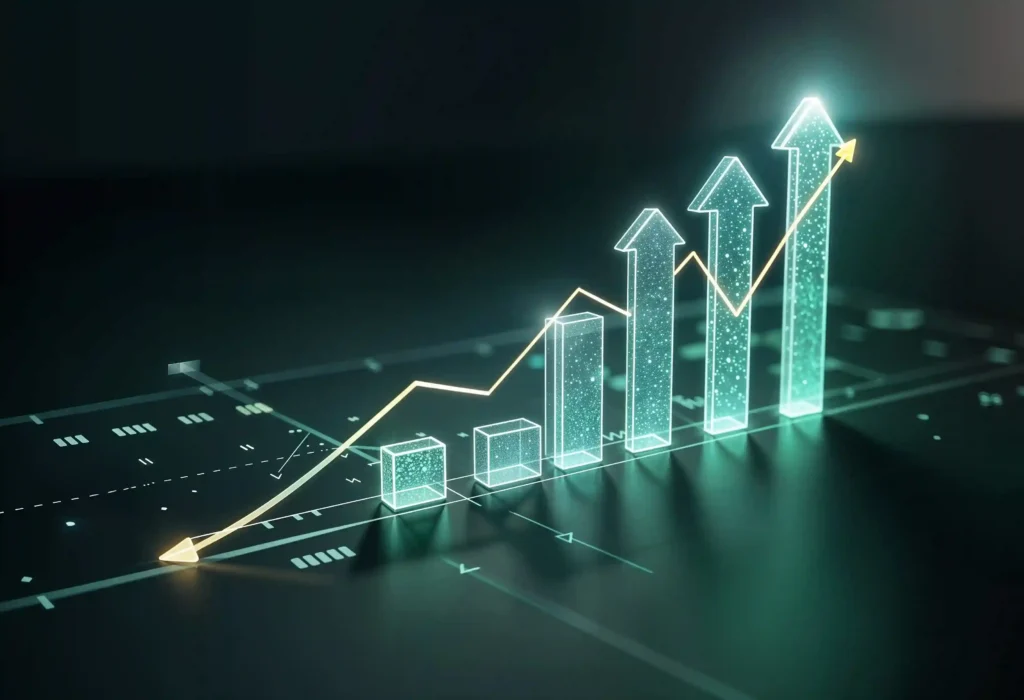 Gráfico digital com barras em sequência crescente, três delas em formato de seta para cima, e uma linha oscilante sobre fundo escuro