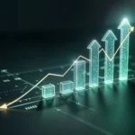 Gráfico digital com barras em sequência crescente, três delas em formato de seta para cima, e uma linha oscilante sobre fundo escuro