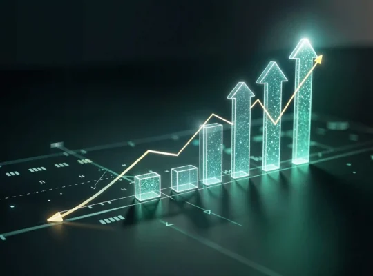 Gráfico digital com barras em sequência crescente, três delas em formato de seta para cima, e uma linha oscilante sobre fundo escuro
