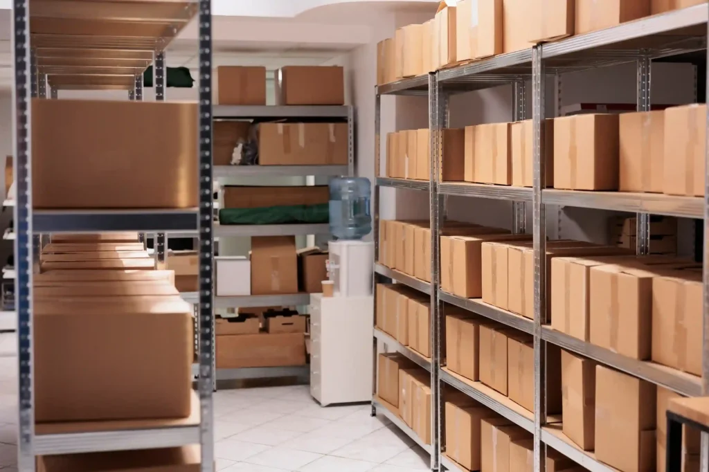 Estoque com diversas caixas de papelão organizadas em prateleiras de um depósito