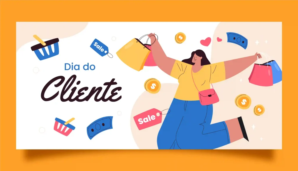 Ilustração de mulher segurando sacolas de compras, cercada por etiquetas de promoção, cédulas, moedas e o texto “Dia do Cliente”