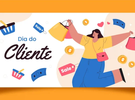 Ilustração de mulher segurando sacolas de compras, cercada por etiquetas de promoção, cédulas, moedas e o texto “Dia do Cliente”