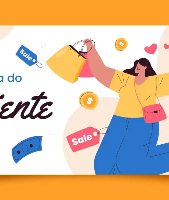 Ilustração de mulher segurando sacolas de compras, cercada por etiquetas de promoção, cédulas, moedas e o texto “Dia do Cliente”