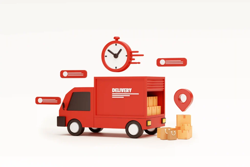 Ilustração de caminhão vermelho de entregas com caixas, relógio e marcador de localização ao redor
