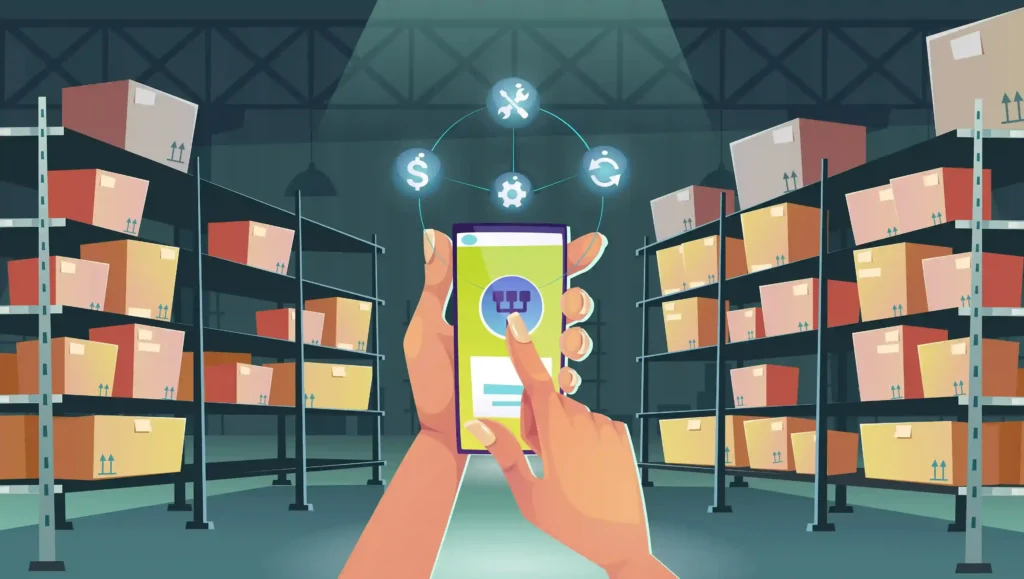 Ilustração de sistema de estoque inteligente em smartphone com prateleiras, caixas e recursos de automação logística