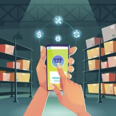 Ilustração de sistema de estoque inteligente em smartphone com prateleiras, caixas e recursos de automação logística