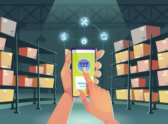 Ilustração de sistema de estoque inteligente em smartphone com prateleiras, caixas e recursos de automação logística